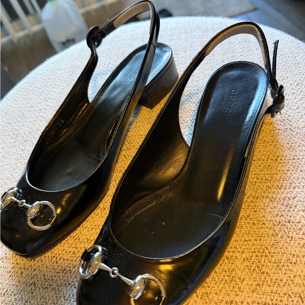 Gucci Black Patent Leather Slingback Heels